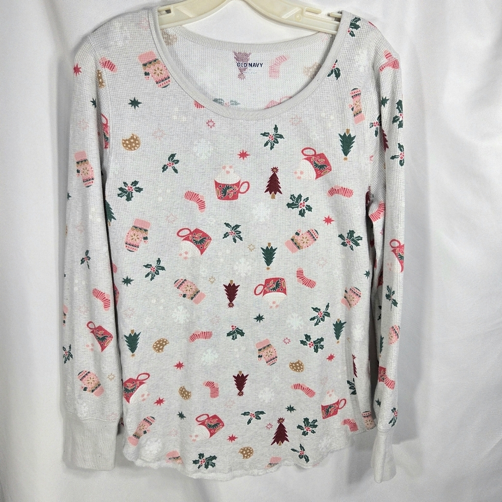 Old Navy Grey Winter Theme Christmas Print Thermal Long Sleeve PJ Top Size Large